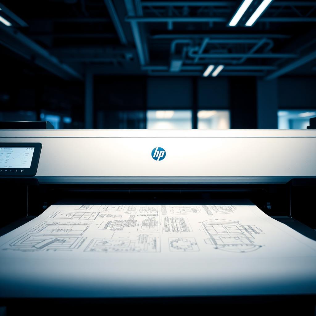 HP DesignJet large-format plotter printing an architectural CAD drawing